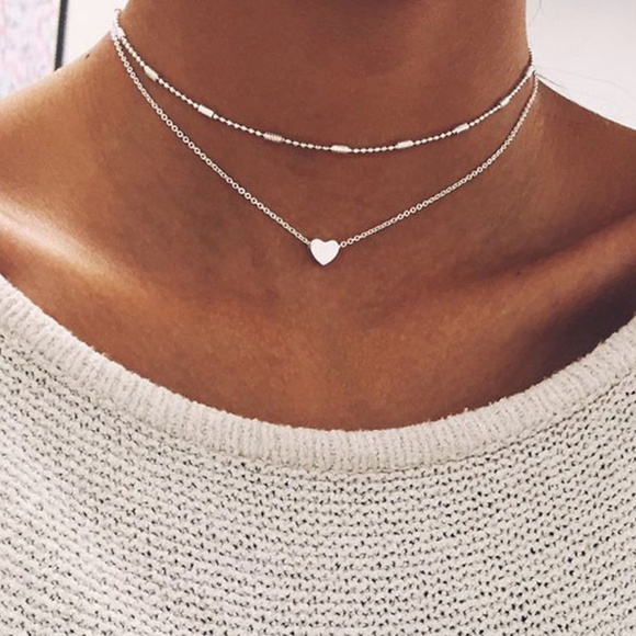 Jewelry - Silver Heart Ball Chain Choker Necklace Set